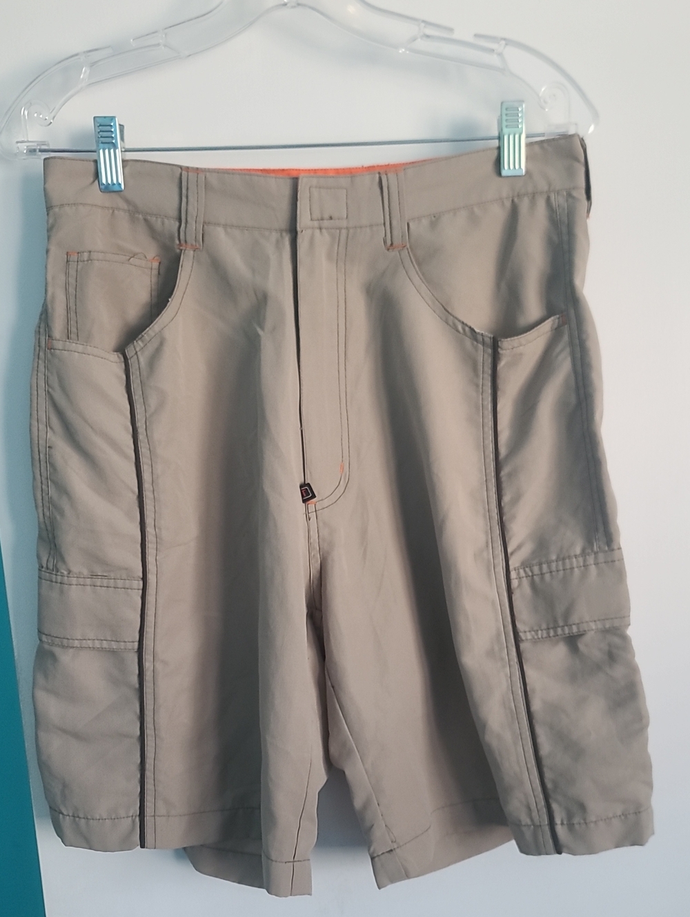 Men's Tan Cargo Shorts with Orange Accent